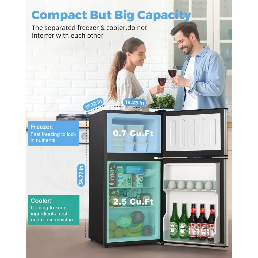 Mini Fridge with Freezer Quite: 3.2 Cu.Ft Mini Refrigerator with 2 Doors - Energy-Efficient Compact Small Refrigerator